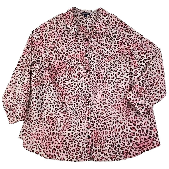 Roamans ~Woman Plus Size 32 W~ Pink/Brown Animal Print Button-Up Shirt Blouse LS - Picture 5 of 9